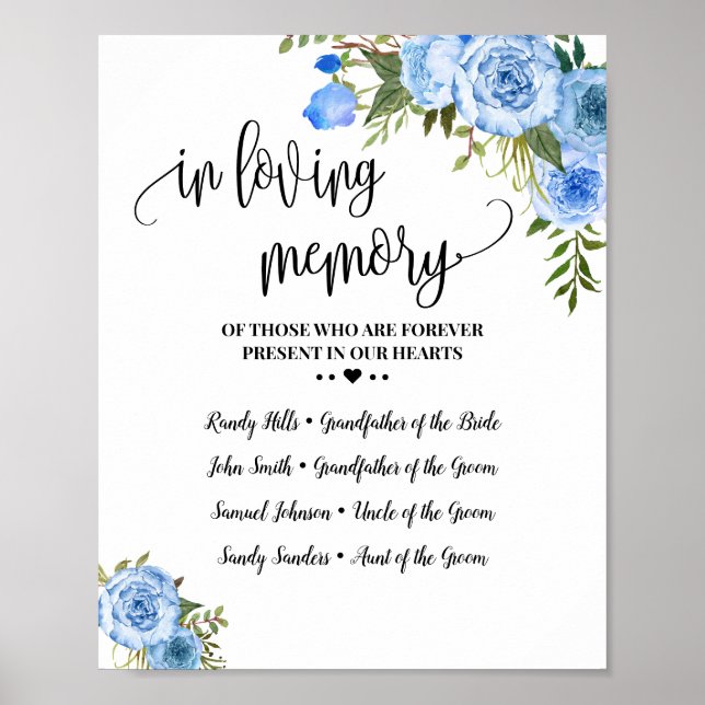 Poster Lembrete de Noiva Floral Azul Casamento Em Memória (Frente)
