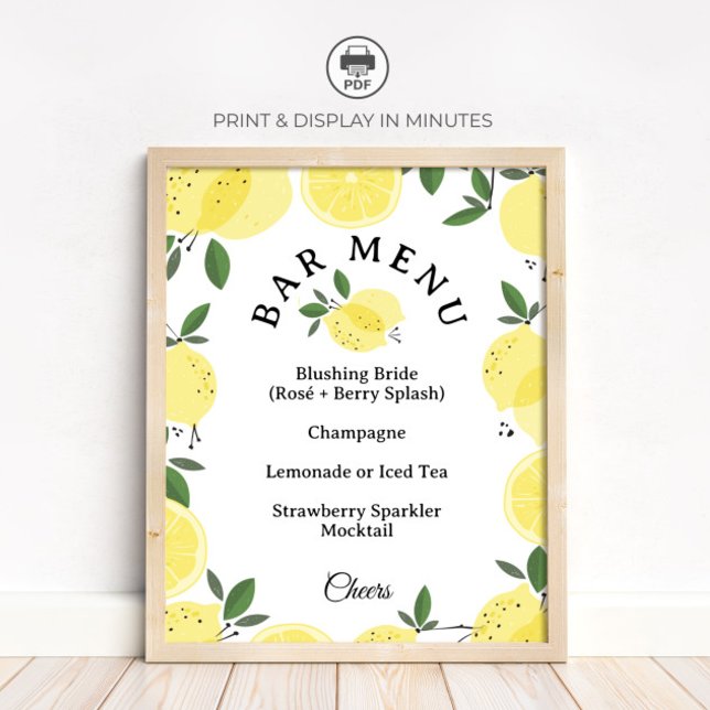 Poster Lemon Cocktail Bar Menu Bridal Shower Sign (Criador carregado)