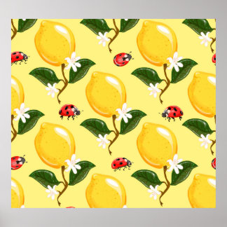 Poster Lemon Ladybug: Padrão Amarelo Tropical.