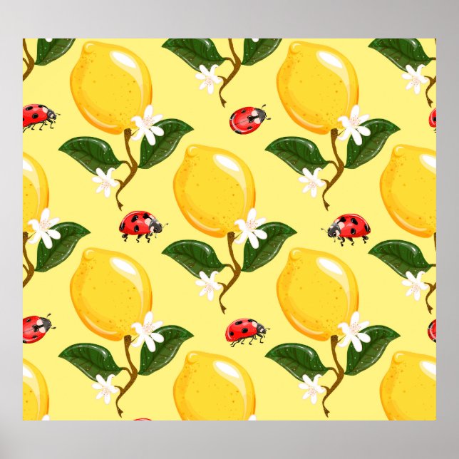 Poster Lemon Ladybug: Padrão Amarelo Tropical. (Frente)