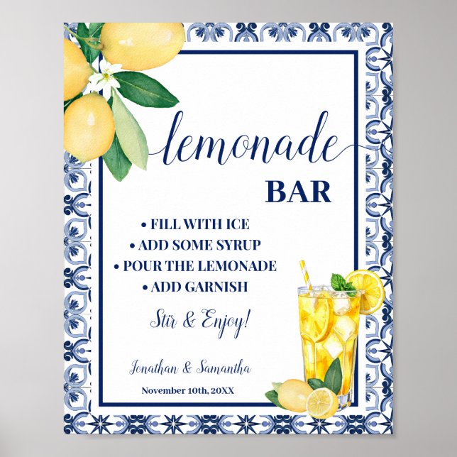 Poster Lemonade Bar Blue Mediterranean Lemons Sign (Frente)