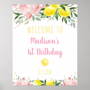 Poster Lemonade Pink Floral Birday Bem-vindo