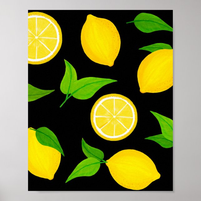 Poster Lemons amarelos de verão com folhas verdes em pret (Frente)