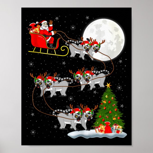 Poster Lemurs Santa Sleigh Flying Funny Magical Christmas (Frente)