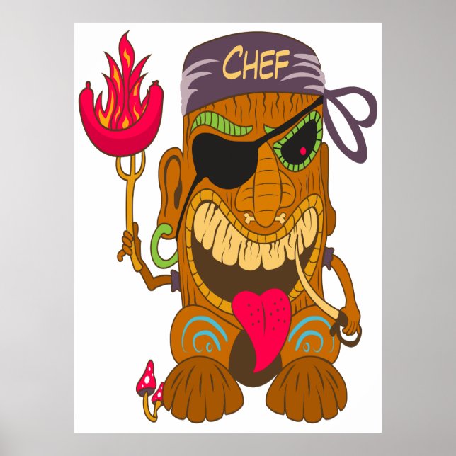 Poster Lenço Tiki Chef com Salsicha em Chamas, Engraçado (Frente)