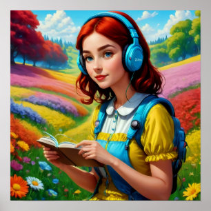 Poster Lendo Garota Com Fones de ouvido Paisagem Colorida