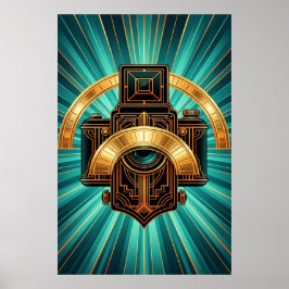 Poster Lente de Câmera Vintage Art Deco Dourado e Azul Tu