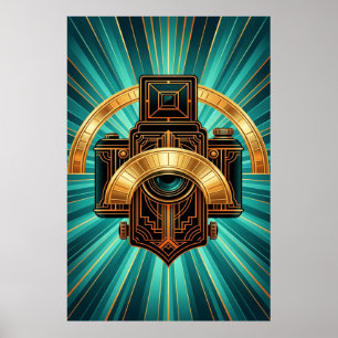Poster Lente de Câmera Vintage Art Deco Dourado e Azul Tu
