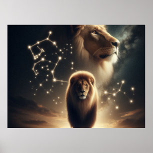 Poster Leo Zodiac Art - Leão Majestoso e Constelação.
