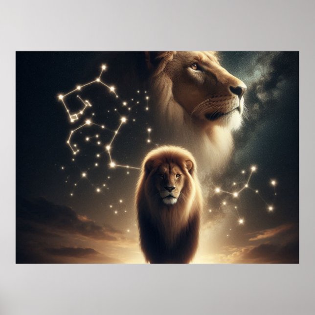 Poster Leo Zodiac Art - Leão Majestoso e Constelação. (Frente)
