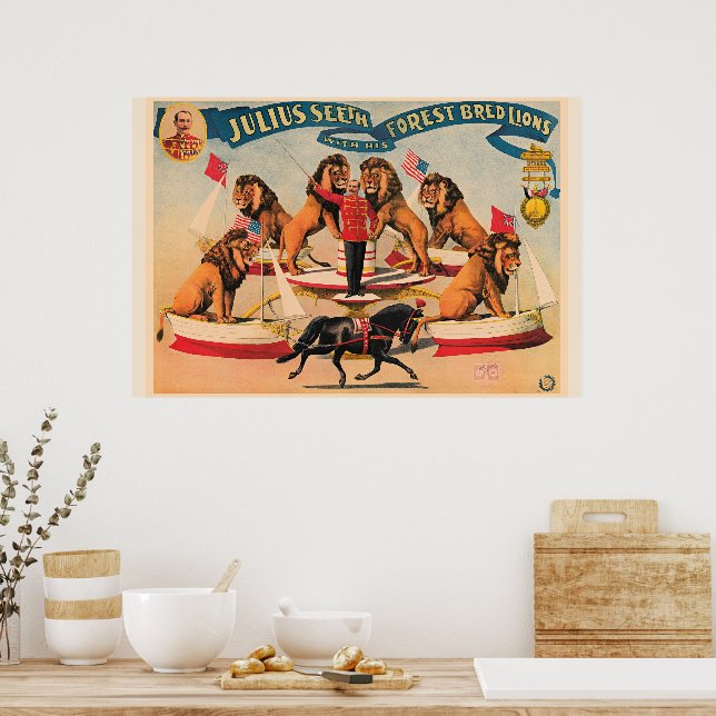 Poster Leões de circo, ilustração vintage, (Cozinha)