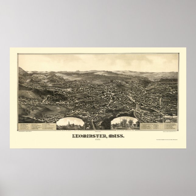 Poster Leominster, Mapa Panorâmico do MÃE - 1886 (Frente)