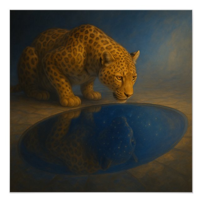Póster Leopardo Bebendo de uma Piscina Estrelada – GeoWil (Frente)