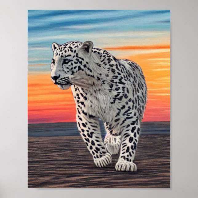 Poster Leopardo-da-neve caminhando na praia durante um pô (Frente)