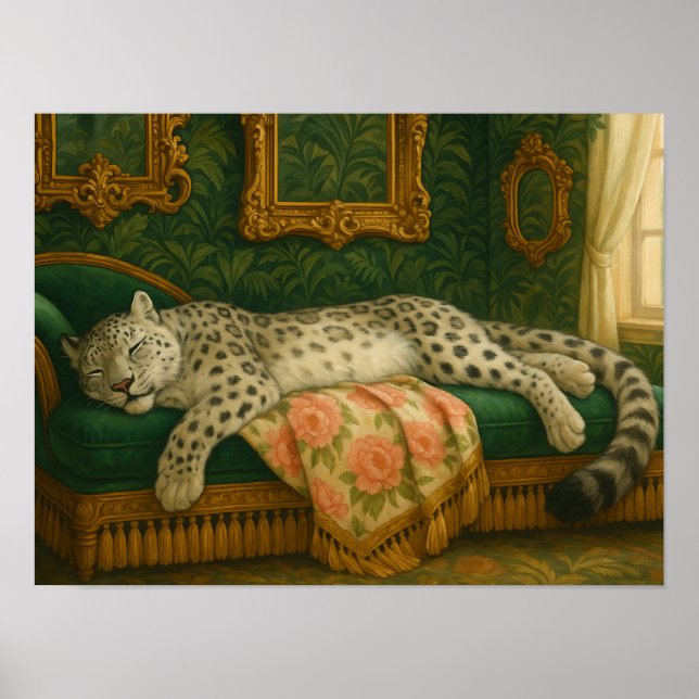 Poster Leopardo-da-neve Elegante Dormindo em Chaise de Lu (Frente)