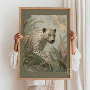 Poster Leopardo da Neve Folha de Ouro Botânico Verde Salv