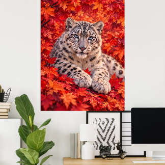 Poster Leopardo-das-neves em Folhas de Bordo de Outono –