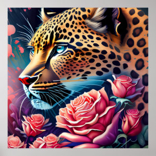 Poster Leopardo-de-Olhos Azuis Gordo com Pintura de Rosas