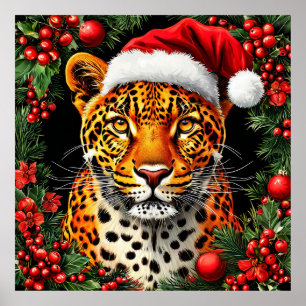 Poster Leopardo Festivo Usando Chapéu de Papai Noel