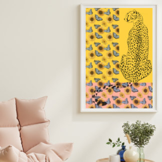 Poster Leopardo Floral Cheetah Amarelo girassol e rosa