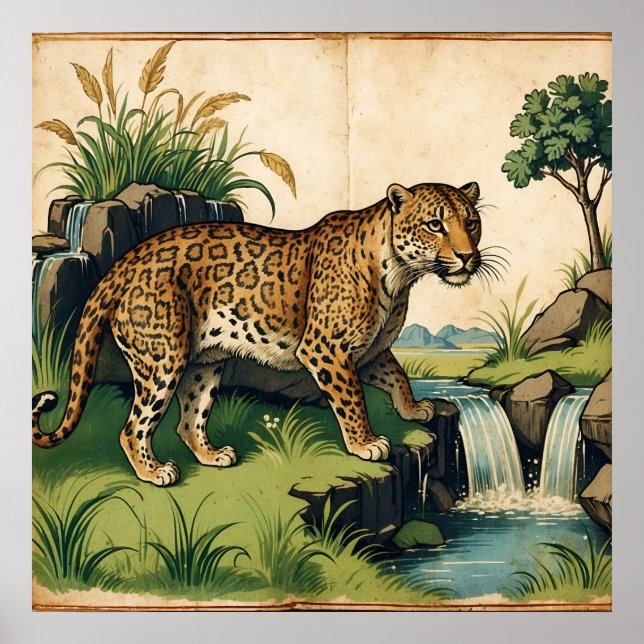 Poster Leopardo medieval com arte em cascata (Frente)