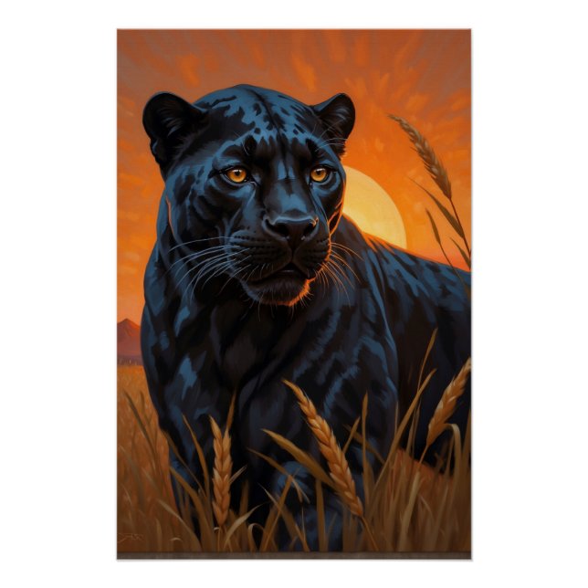 Póster Leopardo Negro nas gramíneas de Savannah (Frente)
