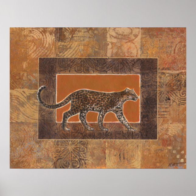 Póster Leopardo no fundo laranja e castanho (Frente)