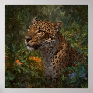 Poster Leopardo pintado com borboletas na natureza