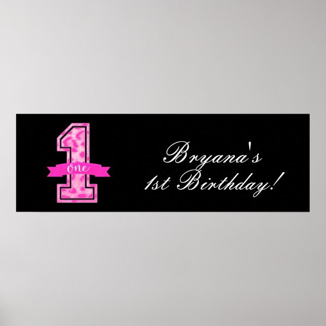 Poster Leopardo rosa e preto Imprima um primeiro aniversa (Frente)