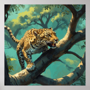 Poster Leopardo único na ramificação das árvores na pintu