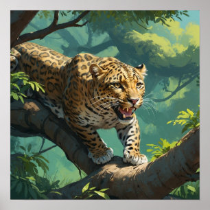Poster Leopardo vibrante caminhando na pintura de ramific