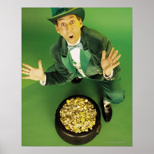 Poster Leprecaia excitada com pote de ouro