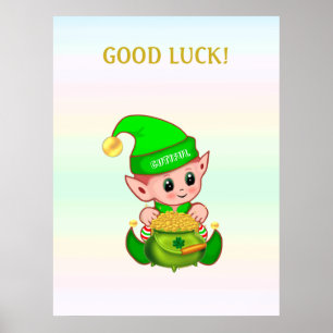 Poster Leprechaun fofo e pote de ouro em cores pastéis