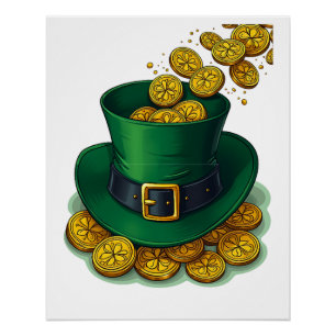 Póster Leprechaun Hat irlandês e moedas Douradas
