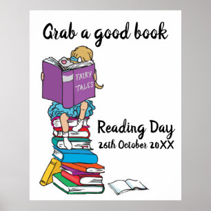 Poster Ler dia lendo em um evento de pilha de livros