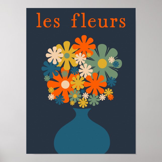 Poster Les Fleurs Cute Retro Flowers in Vase Blue Orange (Frente)