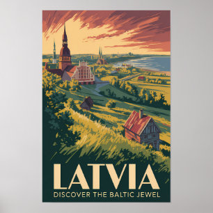 Poster Letônia Ilustração Mar Báltico Arte Viagem Vintage
