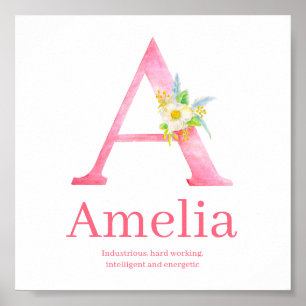 Poster Letra A, cor d'água, cor-de-rosa, Amelia significa