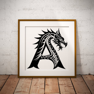Poster Letra A Estilizada com Dragão, Alfabeto de Dragão,