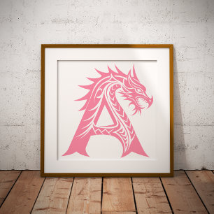 Poster Letra A Estilizada com Dragão, Alfabeto de Dragão,