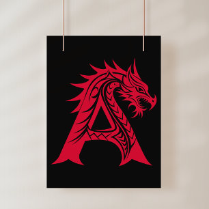 Poster Letra A Estilizada com Dragão, Alfabeto de Dragão,