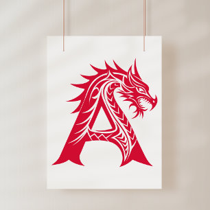 Poster Letra A Estilizada com Dragão, Alfabeto de Dragão,