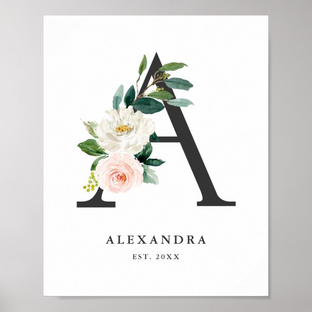 Poster Letra A Monograma Aquarela Peach Floral Nursery (Frente)
