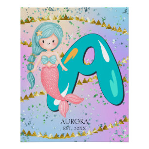 Póster Letra A Monograma Mola Aquarela Enfermeiro Sereia 