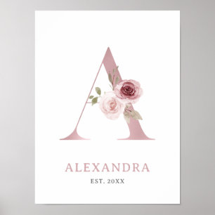 Poster Letra A Monograma Rosa de Aquarela Floral