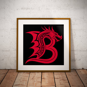 Poster Letra B Estilizada com Dragão, Alfabeto de Dragão,