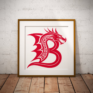 Poster Letra B Estilizada com Dragão, Alfabeto de Dragão,
