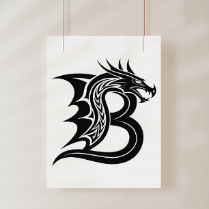 Poster Letra B Estilizada com Dragão, Alfabeto de Dragão,