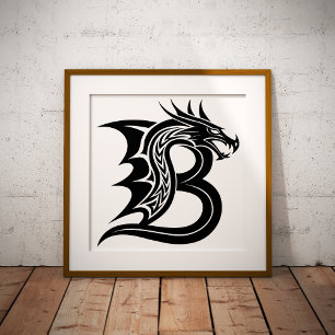 Poster Letra B Estilizada com Dragão, Alfabeto de Dragão,