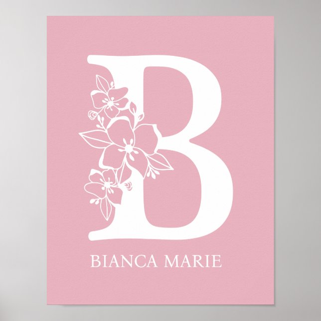Poster Letra B Monograma Floral Nome Nursery Modern (Frente)